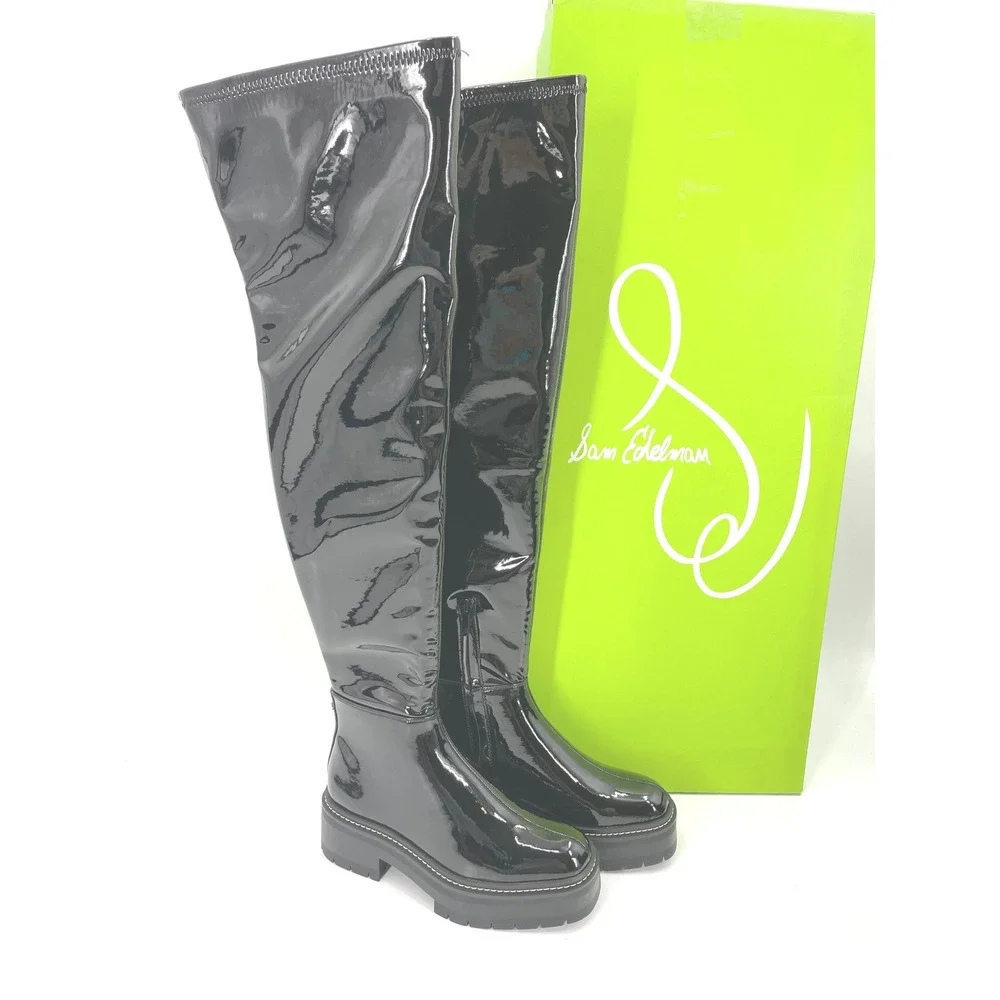 Sam Edelman Lydia Over The Knee Boots Womens 6.5 Black Patent Lug Sole NIB $225